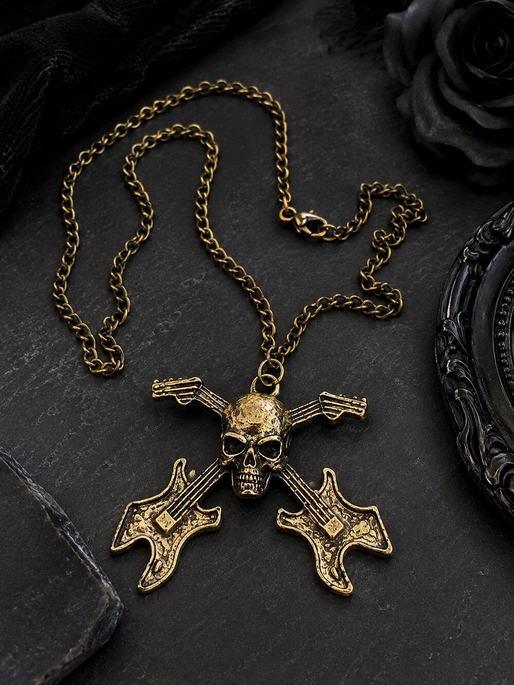 Gold Tone Skull & Crossed Guitar Pendant Necklace | Gothic Punk Rock Emo Jewelry